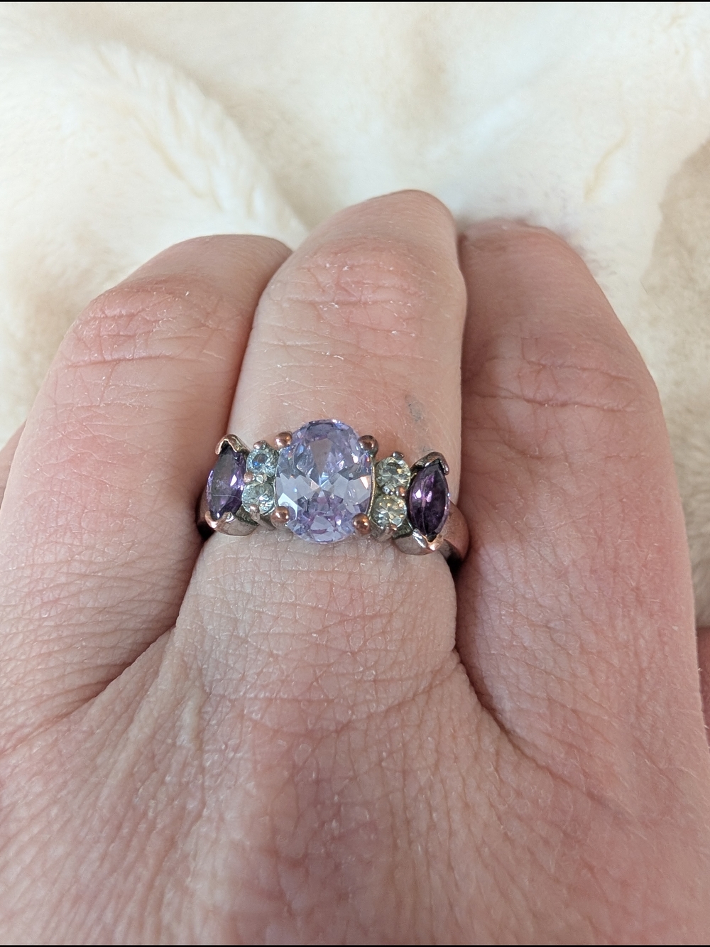 Lavender Amethyst Tone 3 Stone Ring Purple CZ Accent Rose Gold Tone Size 7